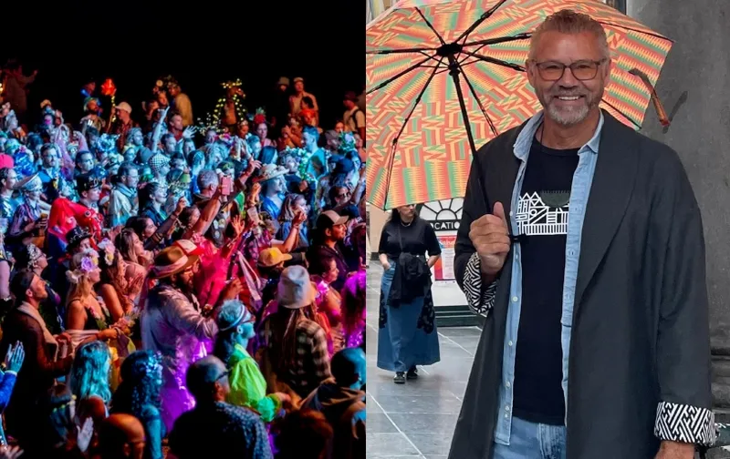 Split image: On the left, a colorful, crowded concert or festival with cheering people; on the right, a smiling man with glasses and a beard holds a patterned umbrella on a city street.