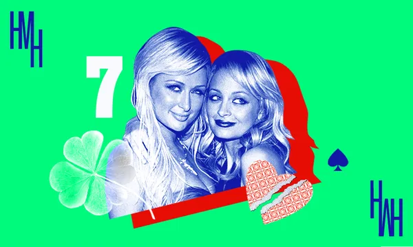 Paris Hilton and Nicole Ritchie on a lime green backdrop