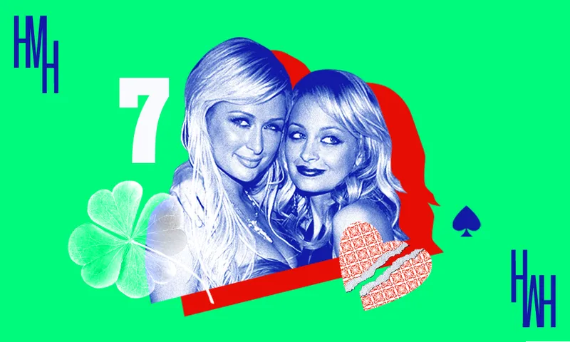 Paris Hilton and Nicole Ritchie on a lime green backdrop