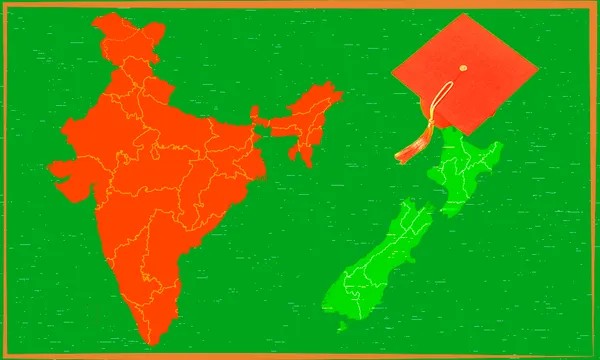 green background. New Zealand is wearing a ornage graduation cap. next to it is te map of India in orange too