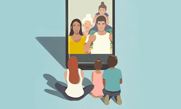 illustration of some family members sitting in front of a big phone screen filled with the rest of their family