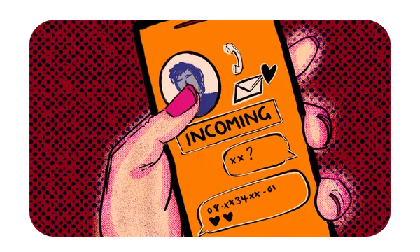 a hand overing over a phone cartoon with questionmarks