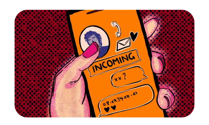 a hand overing over a phone cartoon with questionmarks
