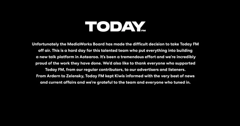 The message now displayed on Today Fm's website