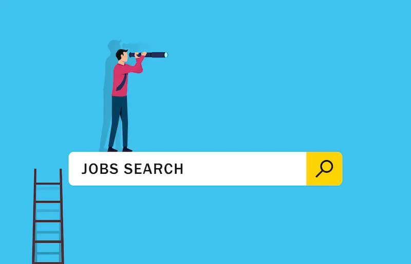 Looking for new job. businessman climb up ladder of job search bar with telescope to see opportunity.
