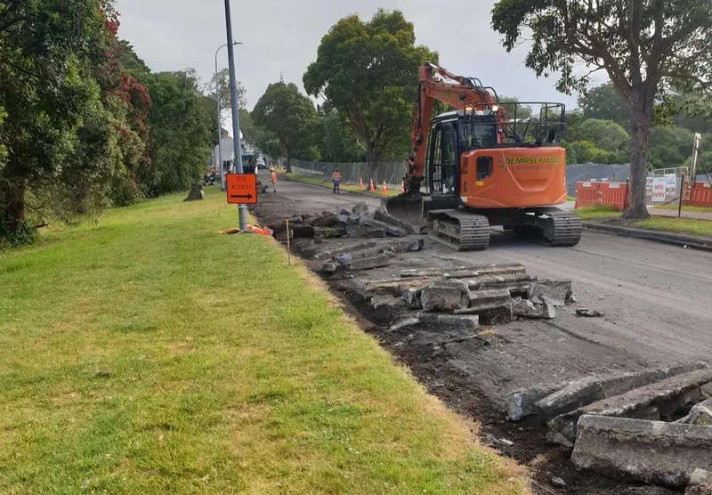 A photo showing Meola Road under construction with heavy machinery.