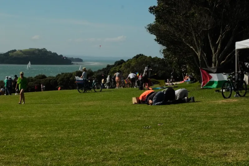 Prayer in session, looking out onto the Waitemata Harbour.