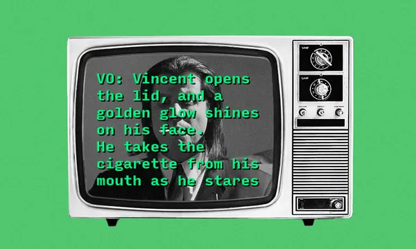 TV screen with audio description script playing on it.