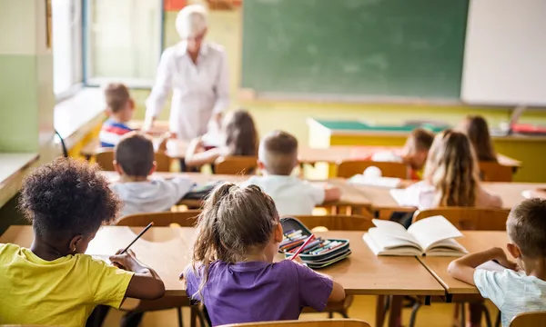 Rear view of elementary students attending a class in the classroom.