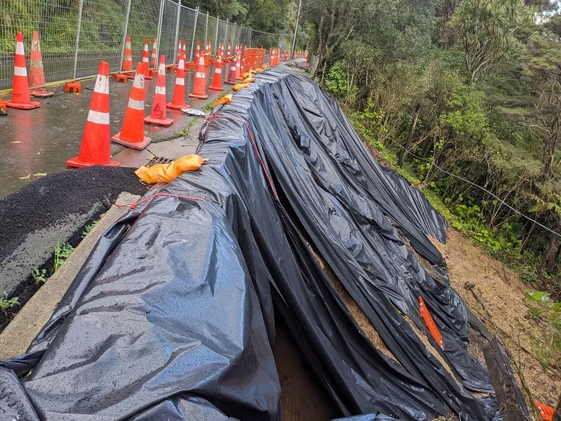 a phalanx of road cones and a big slip with some black plastic over it. Some orange cones are at the bottom. "I don't know why people think it's so fun to chuck them," Patrick told me sadly.