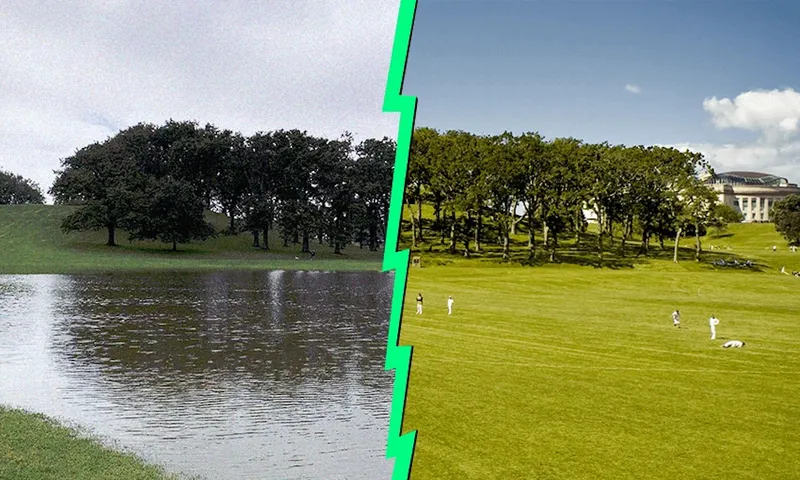 A photo showing Pukekawa (Auckland Domain) in its ordinary dry, sportsfield state – juxtaposed with it returning to its historic form as a wetland because of the Auckland anniversary weekend flooding.