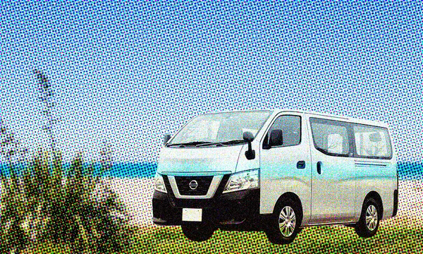 a van in front of a beach textured photo