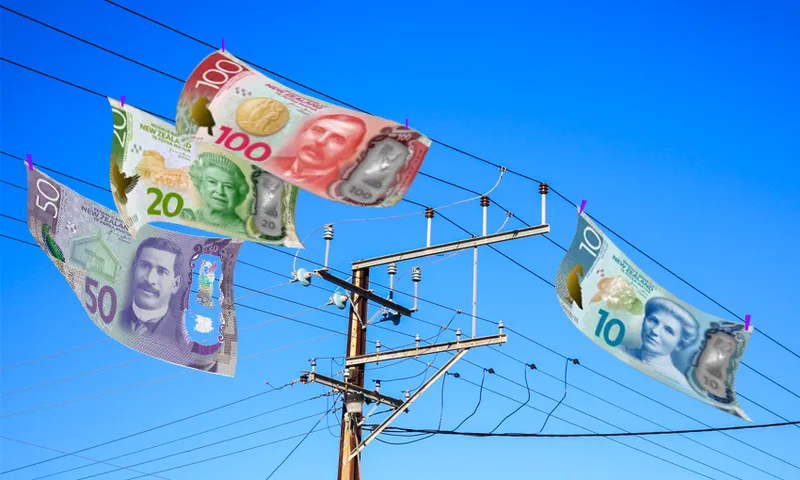 blue sky with power pulons with notes pegged on them