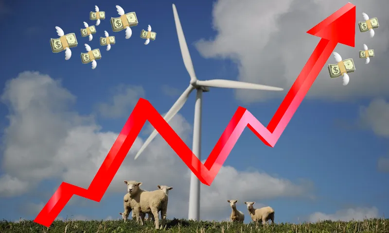 a big line going up over a wind turbine