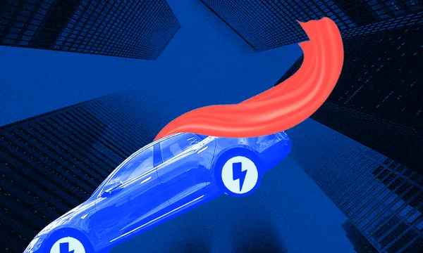 an electric car that is blue with a red superhero cape