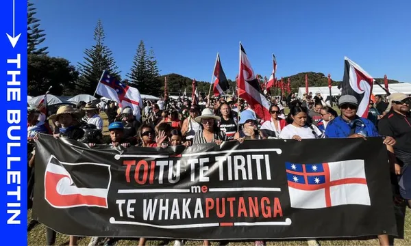 A large group of people hold a banner reading "TOITU TE TIRITI ME TE WHAKAPUTANGA" at an outdoor event, surrounded by flags and trees under a sunny sky. A blue sidebar on the left reads "THE BULLETIN.