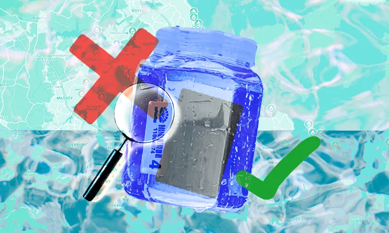 a jar with a tick or a cross and a watery background