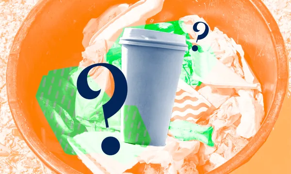a reusable coffee cup with a bin superimposed behind it