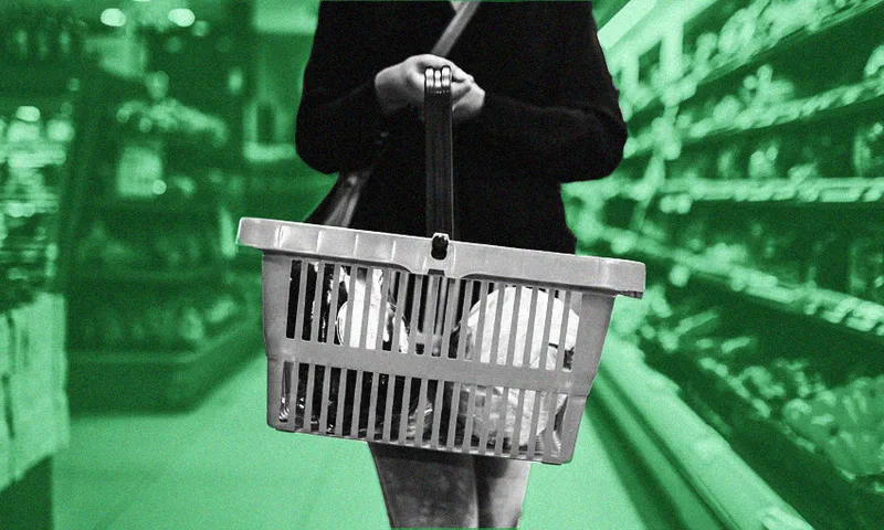 a person walking with a basket through the supermarket
