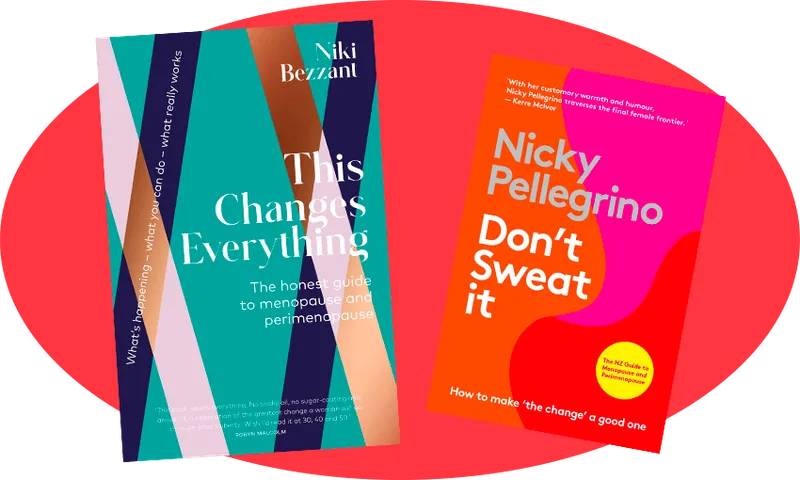 Covers of two books on red ovoid background