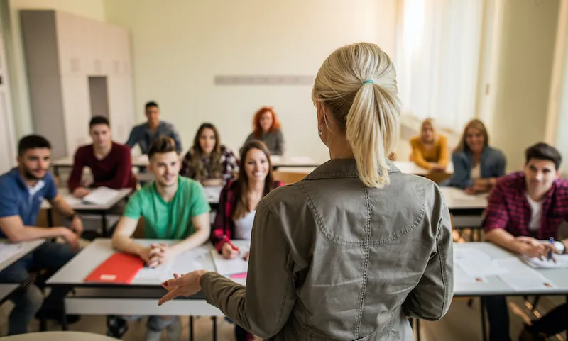 Back view of teacher during a lecture in the classroom.