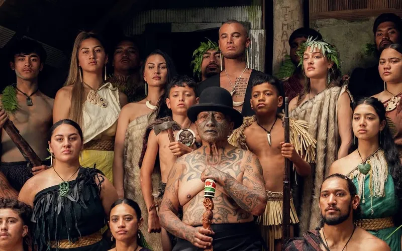 Walker and his Tūhoe whanaunga in front of the wharenui atop Taiarahia. Many are adorned in traditional Māori clothing.