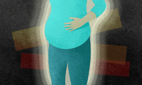 a pregnant person with a big belly in a blue to cartoon