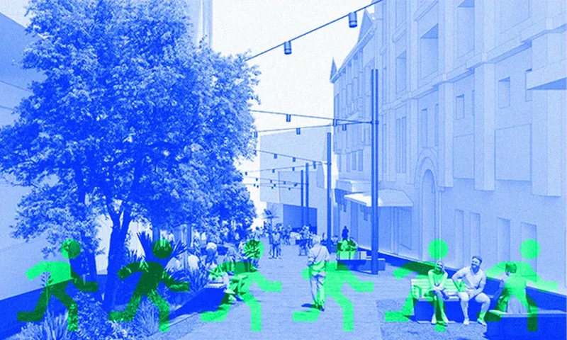 A mockup of the proposed pedestrian plaza at the top of central Auckland's Mercury Lane. It is shown here with people enjoying the plentiful seating and shade which the project will add.