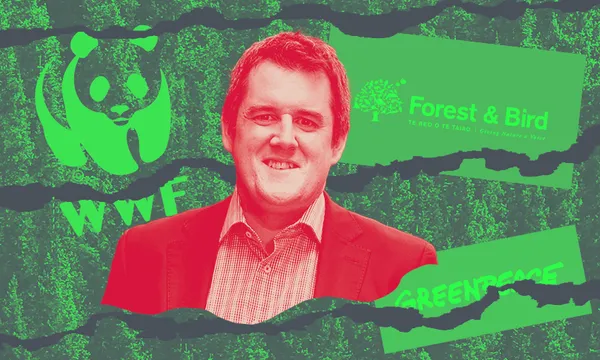 a red toned chris bishop with the logos of foest and bird and greenpeace and WWf behind him