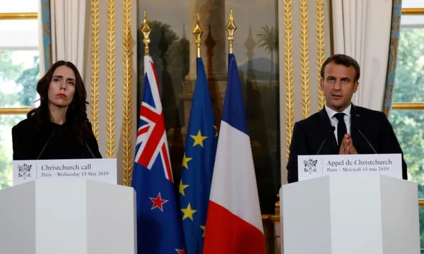 Jacinda Ardern Emmanuel Macron Christchurch call in Paris Getty