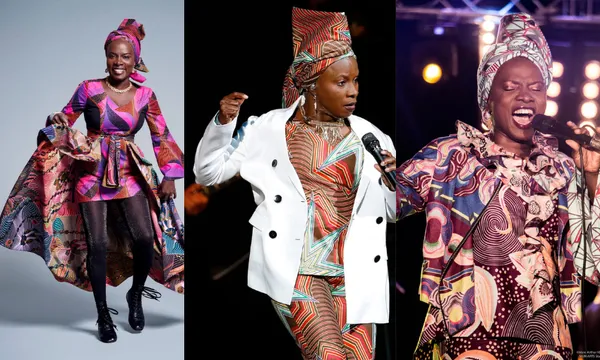 a black woman in three different fabulous outfits singing and looking energetic