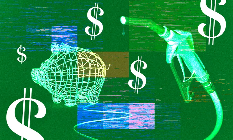 green background, dolar sign, an oil pump and a piggy bank in the background with cool colours