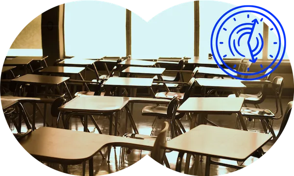 classroom empty with alarm clock floating and slightly odd eerie colours, it's desaturated