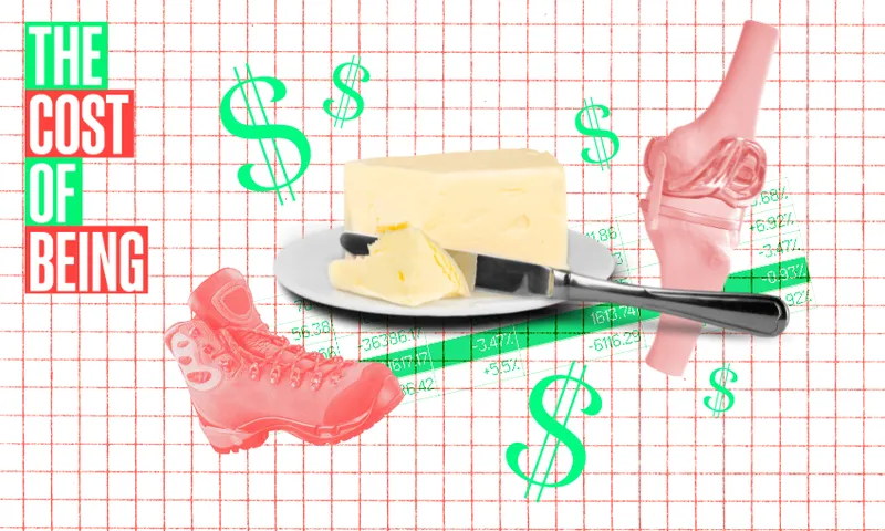 a checked red an whicte background with dollar signs, a lump of butter, a tramping boot and a knee joint