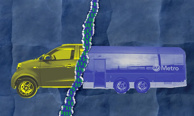 a bus becoming a car ripped apart by dollar signs