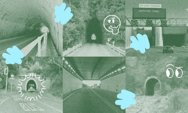 Grid of six photos of different tunnels in New Zealand including the Kaori tunnel and the Waterview tunnel. Has been colourised green