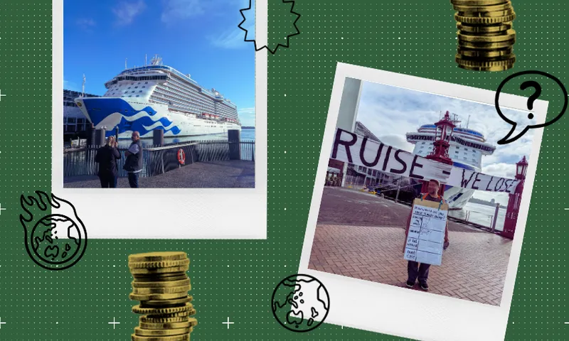 a green background with an image of a climate protester in afront of a banner waying 'you cruise we lose and another photo of an absolutely huge cruise ship on a sunny day in Auckland harbour, with some idons of a world on fire and piles of coins in the background