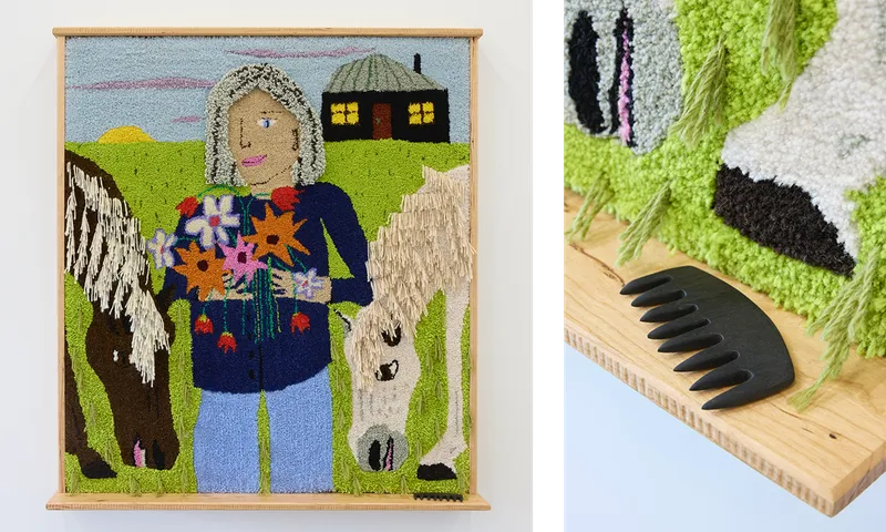Photo of a rug depicting a lady holding flowers