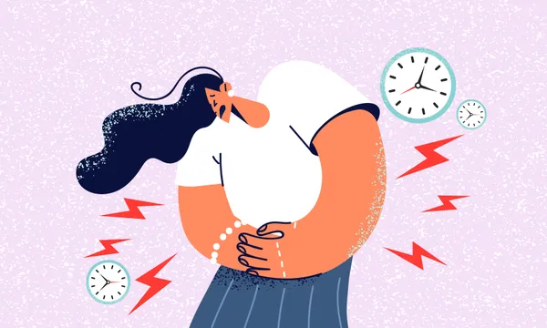 an illustration of a woman with long hair clutching her stomach, with clocks and lightning bolts surrounding her