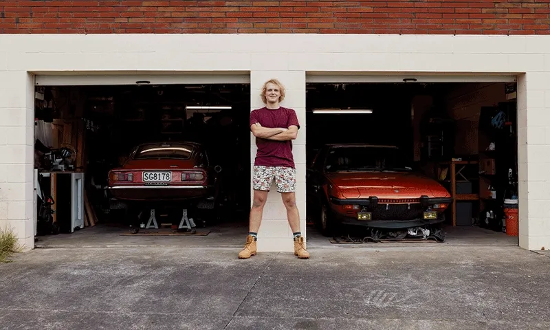 Several images of New Zealanders in their garages.