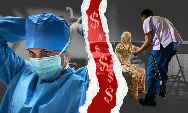 a person wearing a mask and a person helpign someone old stand up with money signs