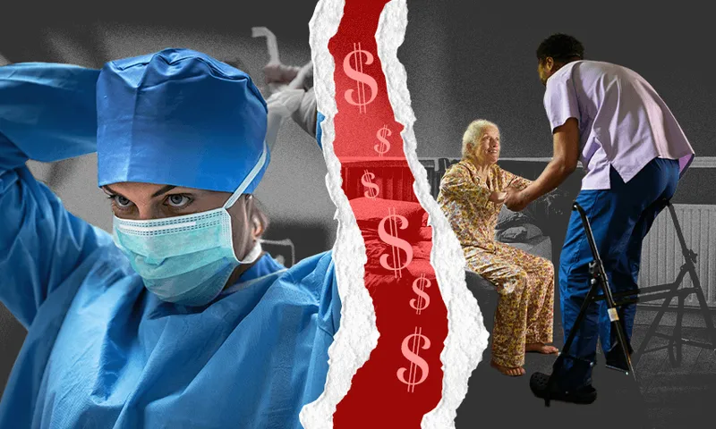 a person wearing a mask and a person helpign someone old stand up with money signs