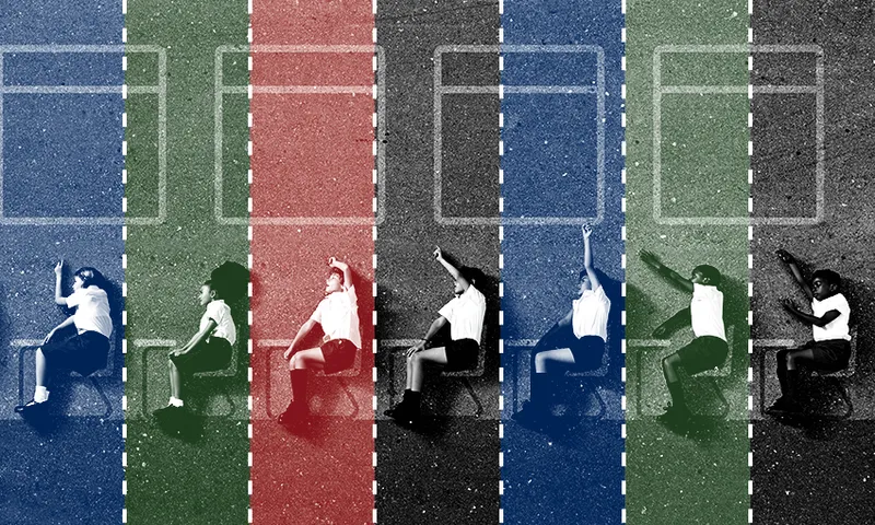 an image of kids with their hands up striped in different colours