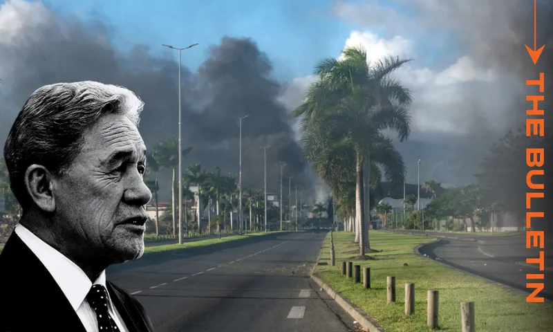 Black and white image of Winston Peters in front of billowing black smoke in New Caledonia