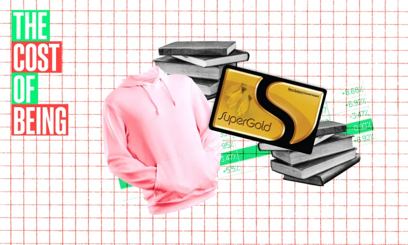 A grid background with text saying THE COST OF BEING at left, with a pink hoodie, a stack of books, and a SuperGold card positioned centrally.