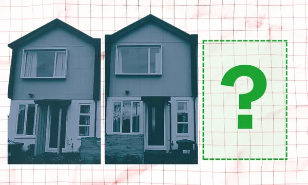 The image depicts two nearly identical houses side by side, with a grid background and a large green question mark inside a dashed rectangle to the right of the houses.