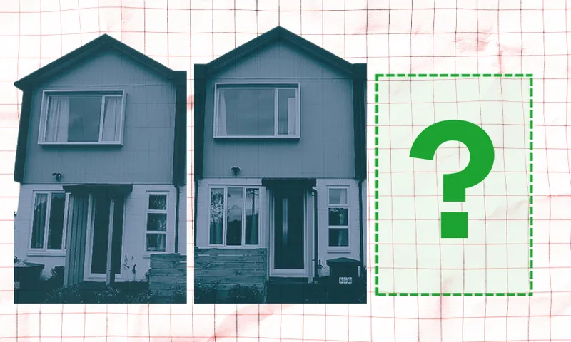 The image depicts two nearly identical houses side by side, with a grid background and a large green question mark inside a dashed rectangle to the right of the houses.