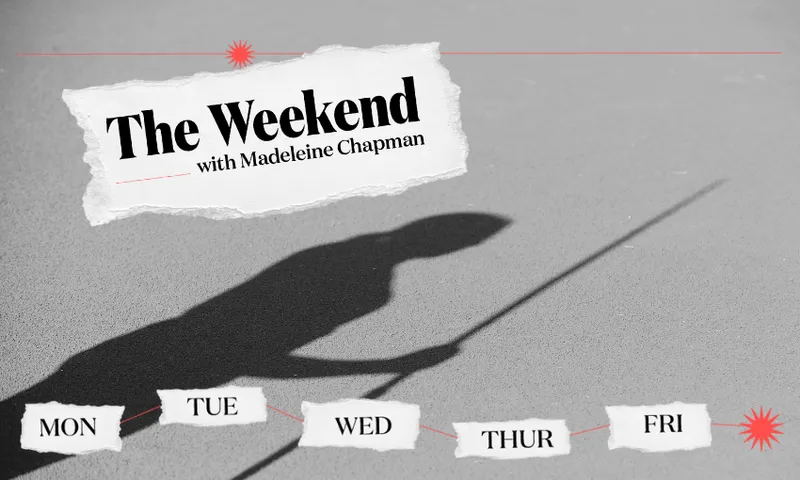 A black and white image showing the shadow of a person holding a javelin on an athletics track. The text 'The Weekend with Madeleine Chapman' is prominently displayed in a torn paper effect at the top. Days of the week are listed on torn paper strips at the bottom, with 'MON', 'TUE', 'WED', 'THUR', and 'FRI' written on them.