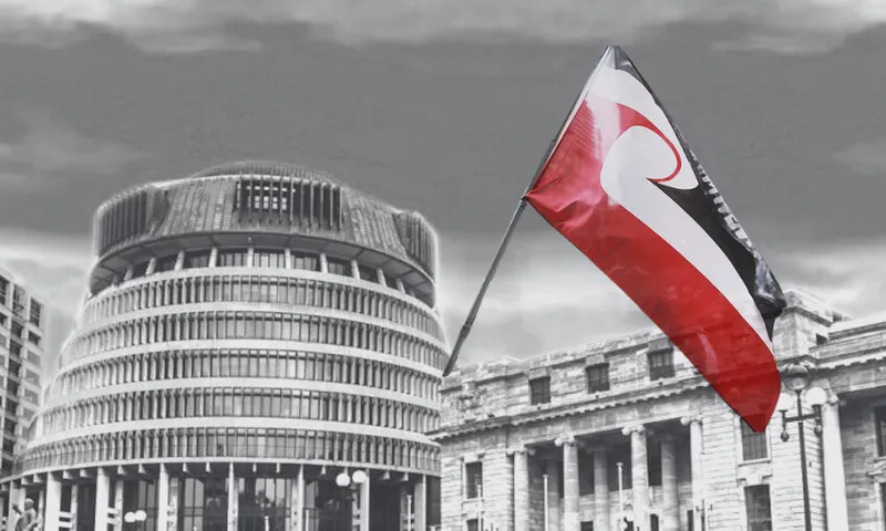 a black and white picture of the beehive with a tino rangatiratanga flag