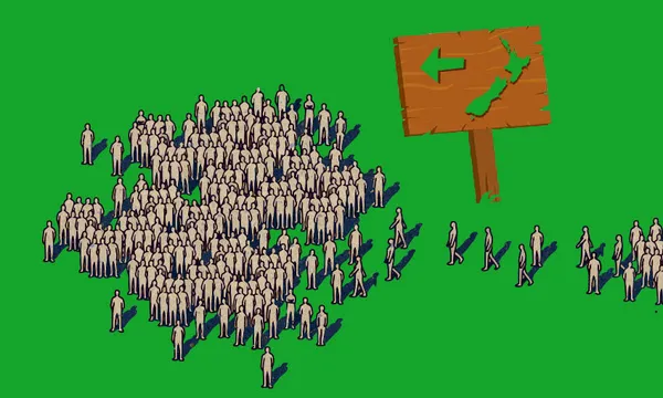 a crowd of small figures against a green bakground, with a sign pointing to New Zealand